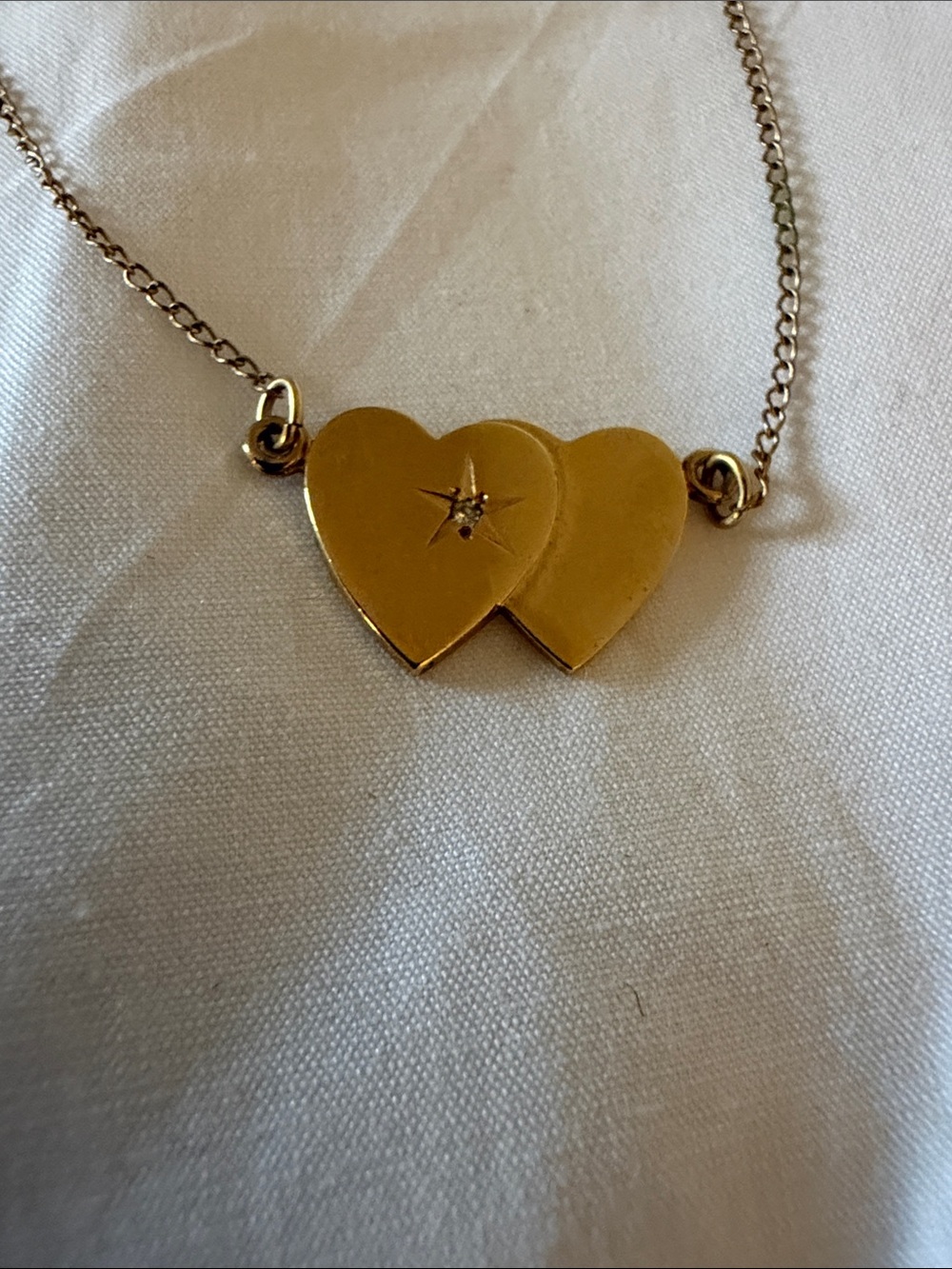 Vintage 1/20 12K Gold Filled Double Heart Necklace Clear Accent